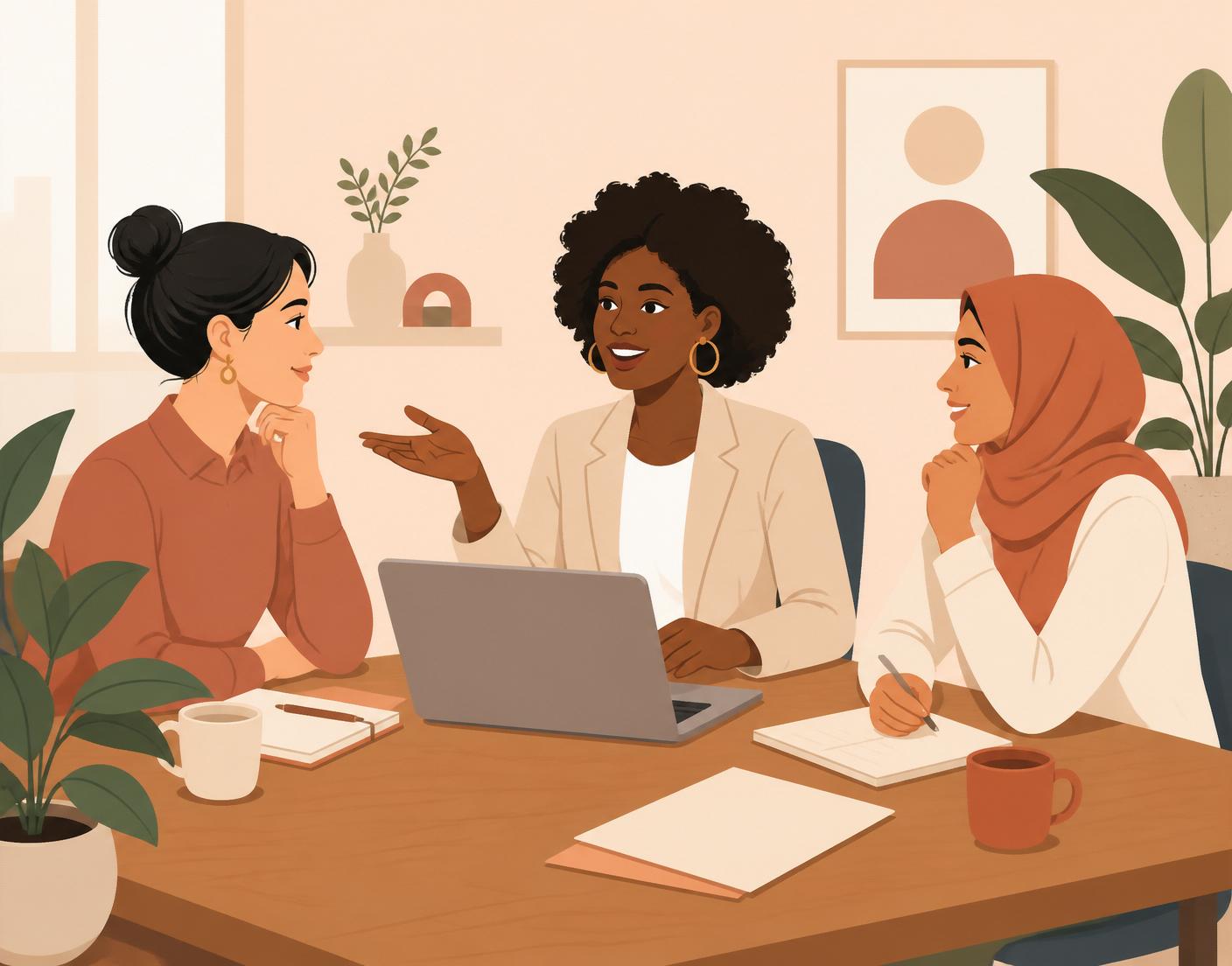 Three professionals talking confidently around a laptop in a bright office